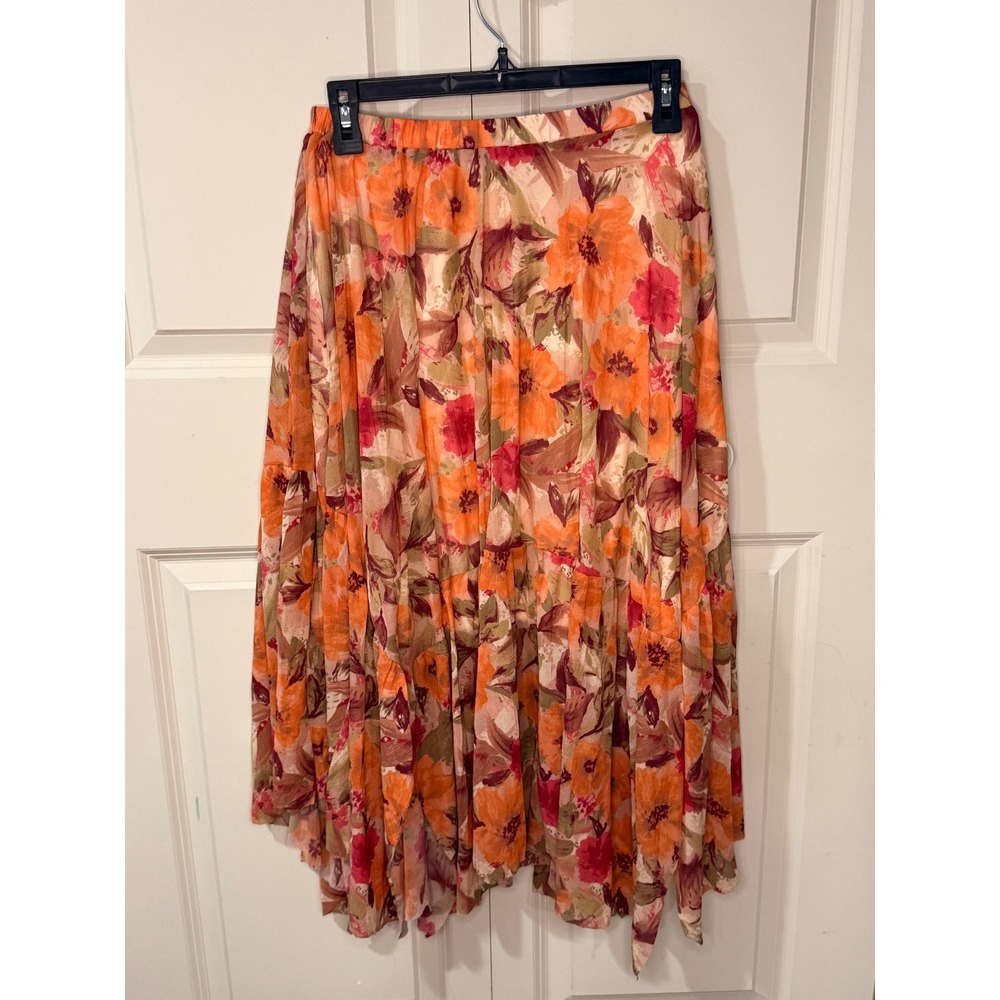 Easel Los Angeles Orange Floral Tiered Maxi Skirt Small Boho Handkerchief Hem